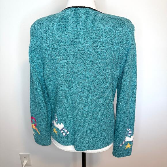 Vintage South Cotton Light 80s Cat Button Front Cardigan In Teal Size Small New - Picture 6 of 11